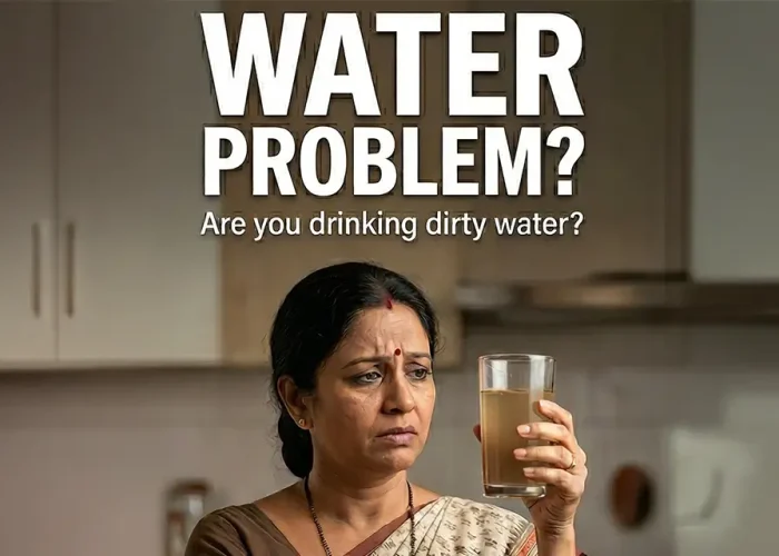Concerned mother looking at dirty water - RO Service Delhi.